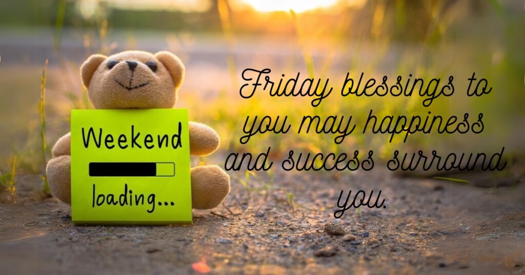 happy friday teddy bear holding a card